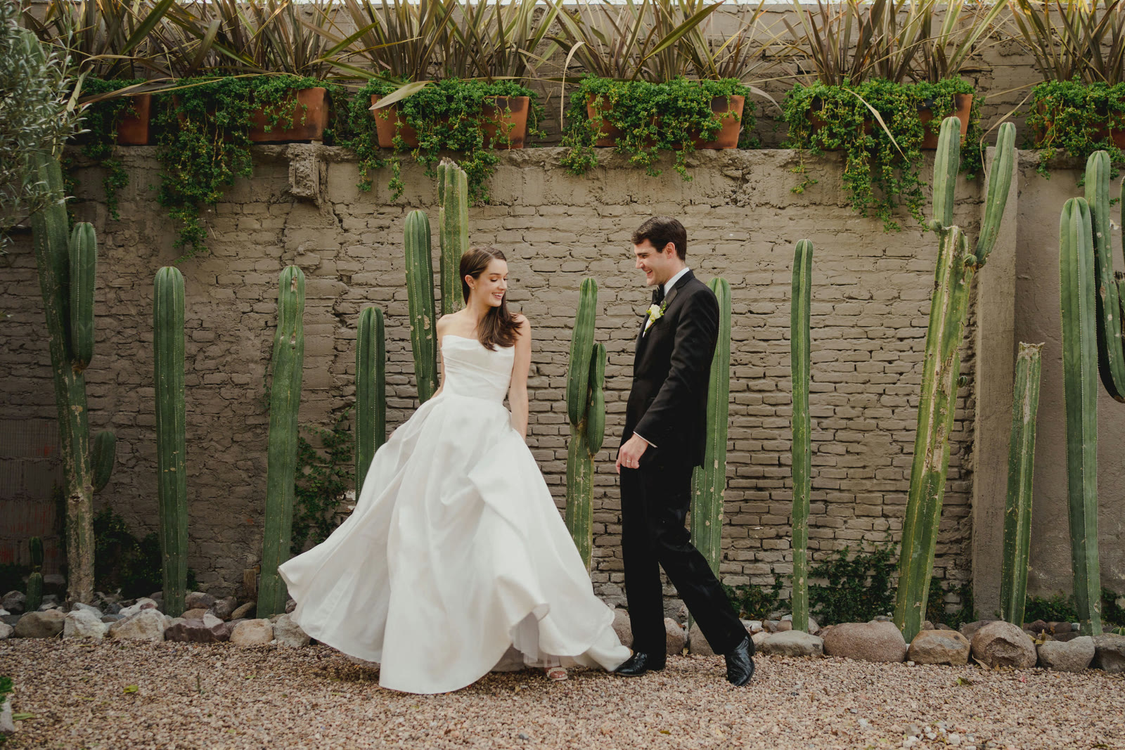 Pareja de boda caminando en jardín de cactus