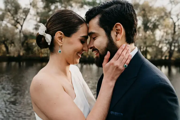 Retratos de la pareja en el lago a la hora dorada, Hacienda Sepúlveda