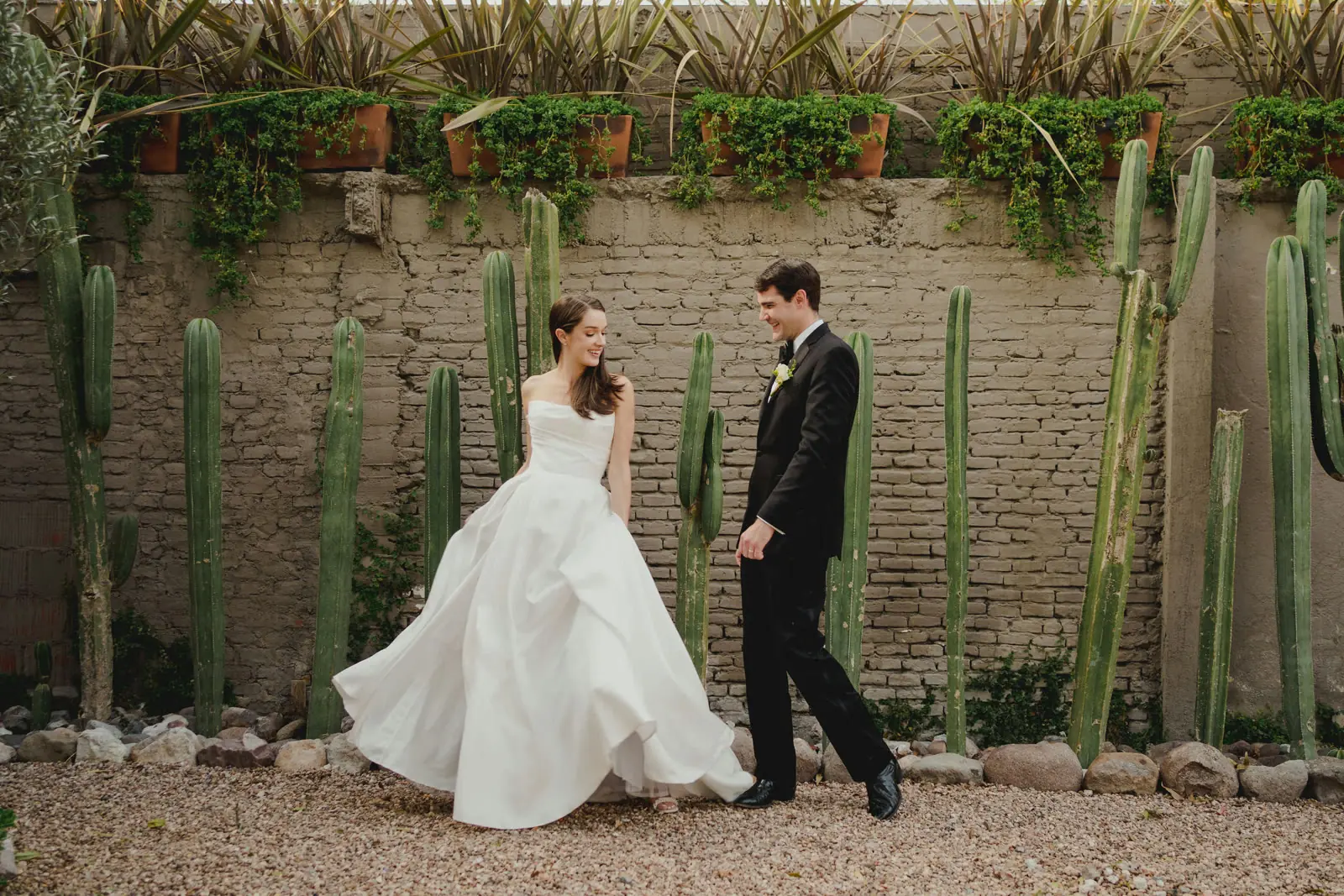 Pareja de boda caminando en jardín de cactus