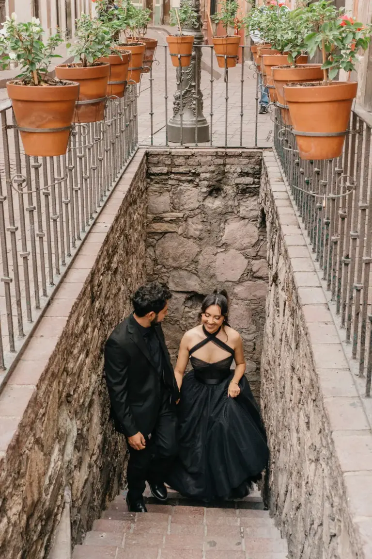 Guanajuato engagement descending flower pot stairs
