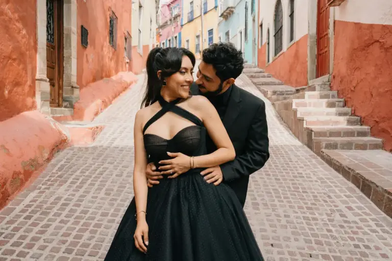 Pareja abrazándose en un callejón inclinado y colorido de Guanajuato, con escaleras subiendo la ladera detrás